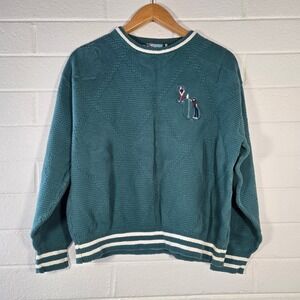 Vtg Tall Timber Golf Sweater Large Teal Cotton Knit Embroidered 90s Country Club
